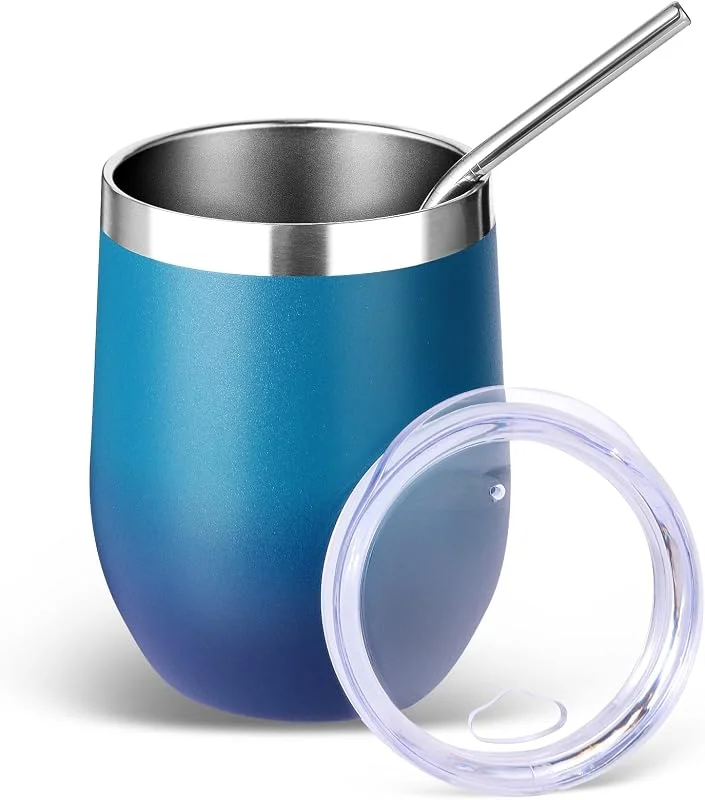 Visita la tienda de Volhoply Volhoply Vaso de vino de acero inoxidable de 12 onzas con tapa y popote, 350 ml, doble pared aislada al vacío, copas de vino sin tallo, taza de café de viaje para bebidas frías, vasos regalos para — Vino y mesa festiva