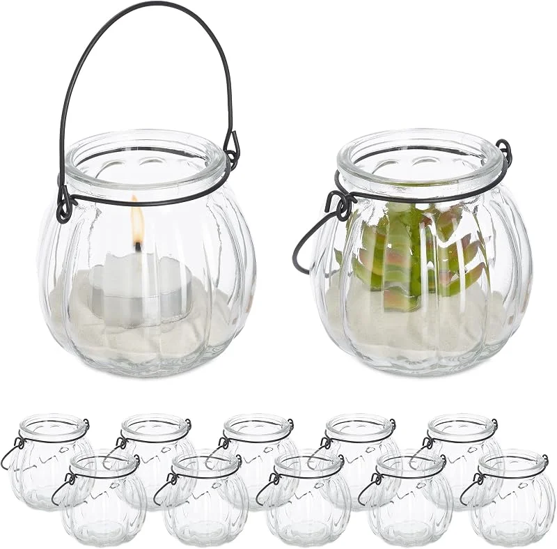 Visita la tienda de Relaxdays Relaxdays Portavelas Cristal, Set de 12, Porta Velas con Asa, 7, 5 x 8 cm, Recipientes Vidrio Redondos, Transparente — Cena a la luz de velas