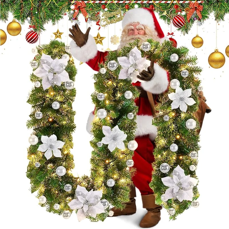Fancysky Guirnaldas Navideñas con Luces LED, 1.8m, Corona Artificial, Decoración Navideña, Se Puede Utilizar en Escaleras, Armarios, Puertas de Entrada, Interiores y Exteriores (Plateado) — Decoracion Navidad