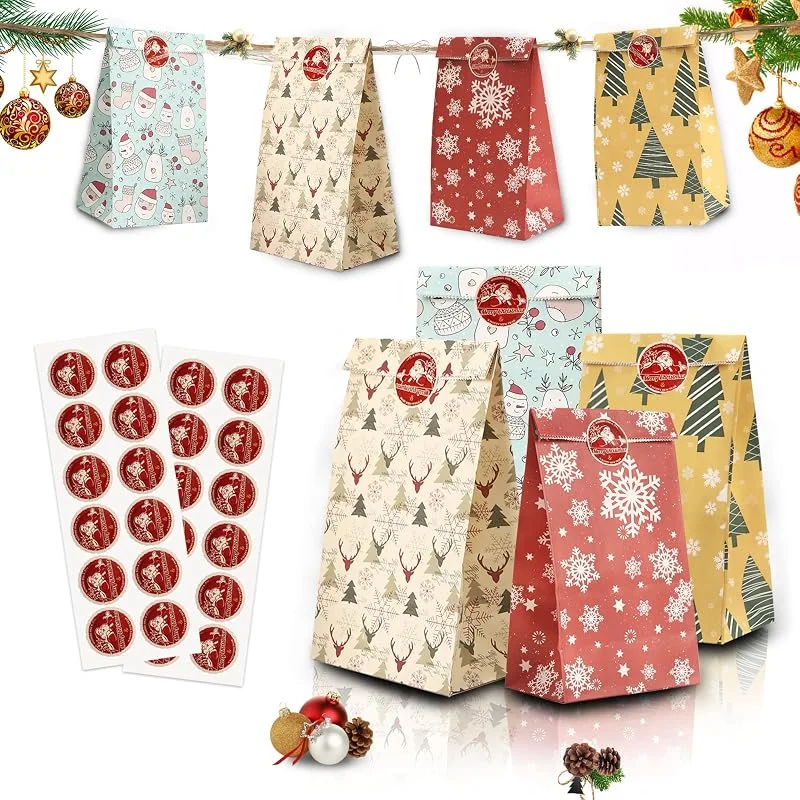 Mizijia Bolsas de papel, 24 piezas Bolsas Regalo Navidad, Bolsas dulces con 24 Bonitas Pegatinas, para Fiestas, Navidad (Copo de nieve) — Envoltorio regalo