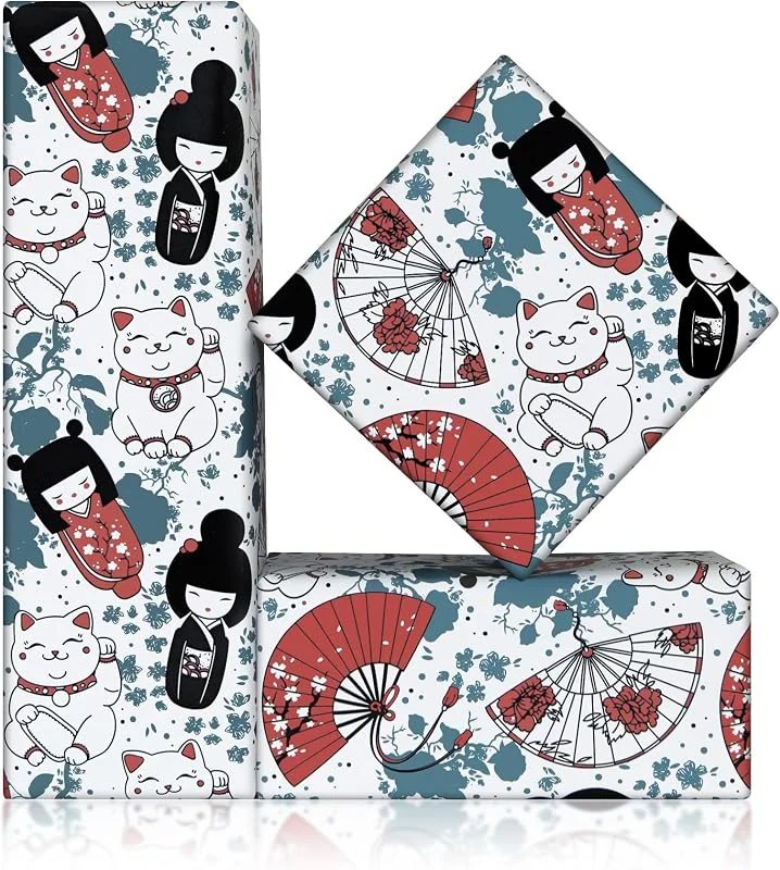 Geluode Papel de regalo japonés, estilo japonés, diseño de gato de la suerte Maneki Neko, 4 hojas plegadas planas de 50 x 70 cm para cumpleaños, boda, baby shower — Envoltorio regalo