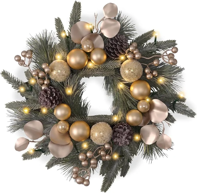 Visita la tienda de Valery Madelyn Valery Madelyn Corona de Navidad de 40 cm, corona de Navidad para puerta de casa, color blanco y dorado, corona de Adviento con temporizador de 20 ledes y piñas, bolas de Navidad, bayas, para mesa — Decoracion Navidad