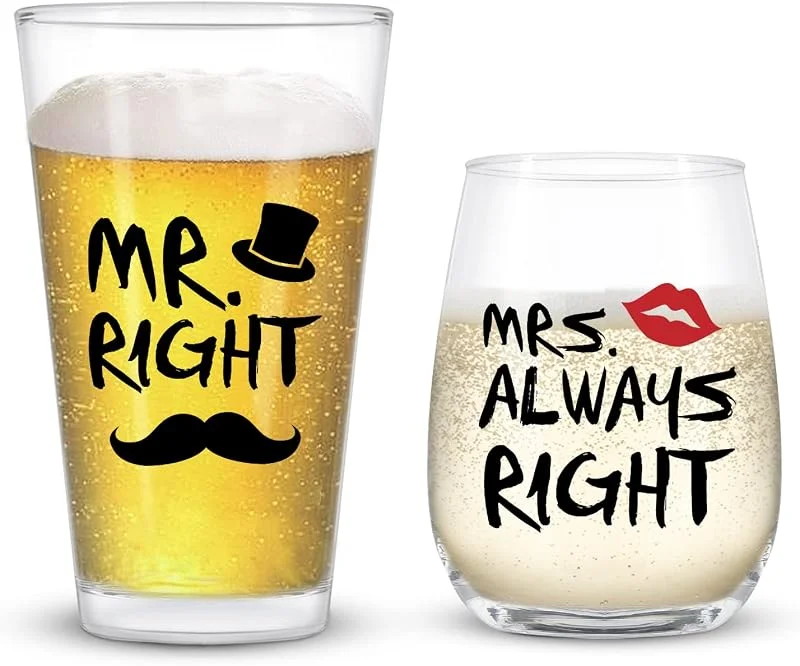 Joymaking Regalos de boda para parejas de novias, Mr Right & Mrs Always, Juego de copas de vino y vasos de cerveza para parejas, regalos para amigos, Navidad, aniversario de boda, día de San Valentín — Vino y mesa festiva