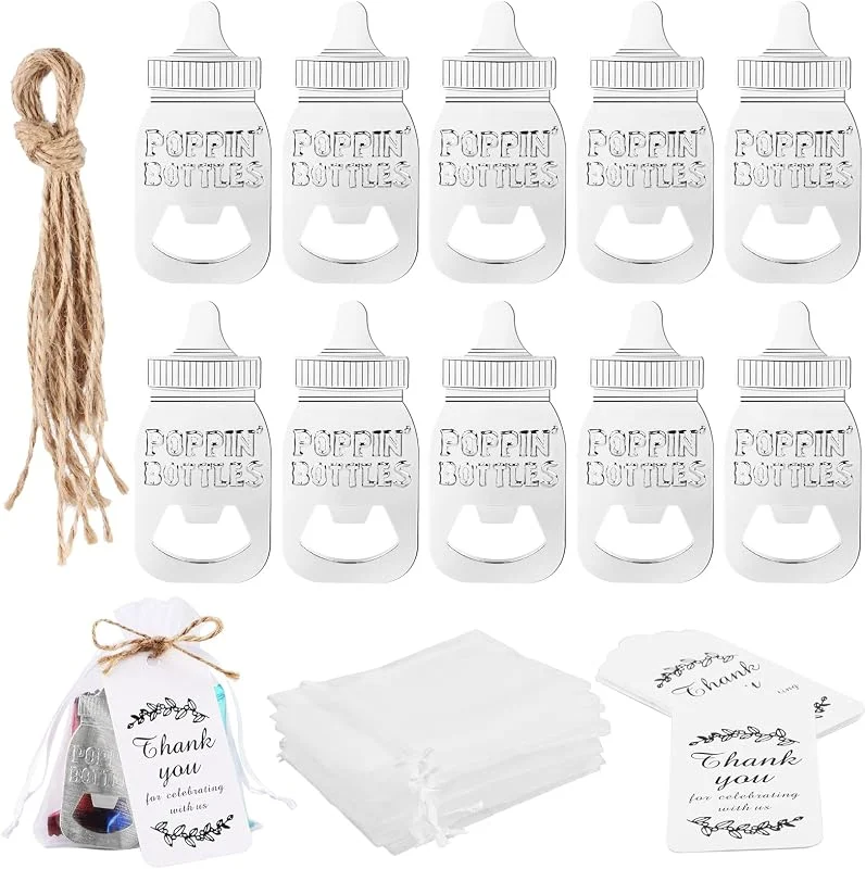 AKONE 10 abrebotellas con forma de biberón para baby shower, regalos de invitados, bautizo, regalo de invitados, fiesta de cumpleaños, recordatorio, decoración, abrebotellas para baby shower favorito (plata — Vino y mesa festiva