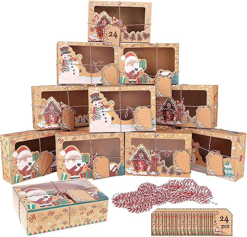 OEMG 24 pcs Cajas de Regalo Navidad Kraft Bolsas de Papel de Caramelo para Bombones, Dulces, Chocolates, Pequeños Regalos Decoración de Navidad Suministros(22 x 15 x 7cm) (L) — Envoltorio regalo