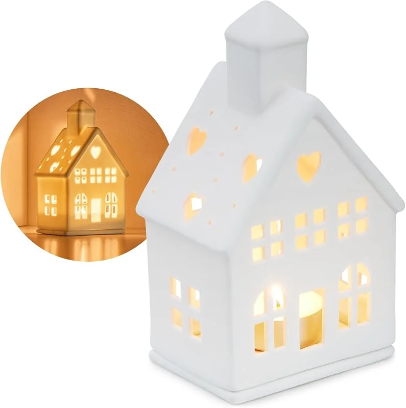 Visita la tienda de com-four com-four® Casita portavelas de Porcelana Blanca – casa Decorativa 17 cm — Adviento y mesa