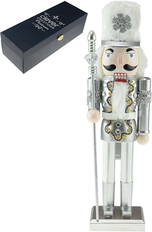 Clever Creations Platinum - Figura de cascanueces de madera de 14 pulgadas, edición limitada para decoración tradicional navideña para estantes y mesas, Snow King — Decoracion Navidad