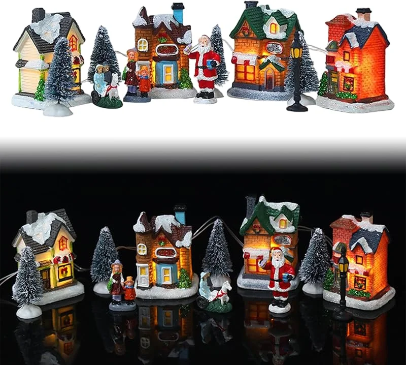 Hilai Decoraciones navideñas, Conjuntos de Pueblo navideño, 10 Piezas, Juego de iluminación en Miniatura de Pueblo de Invierno, simulación de Resina, Conjuntos Decorativos de Casas adosadas de Navidad, sin — Decoracion Navidad
