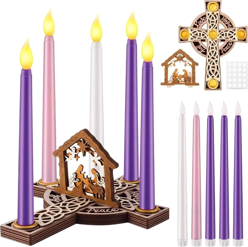 ElectricWise Candelabro de Corona de Adviento de Navidad con 5 Velas de Adviento sin Llama, candelabro de Madera en Forma de Cruz con Nudo Celta para Navidad, hogar, Iglesia, Centro de Mesa — Cena a la luz de velas