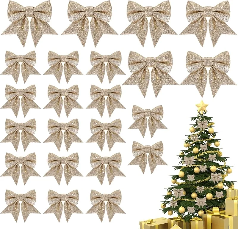 LOEPENLE 24 lazos de Navidad, lazos de Navidad, purpurina, lazos de Navidad, lazos para árbol de Navidad, decoración de Navidad — Envoltorio regalo