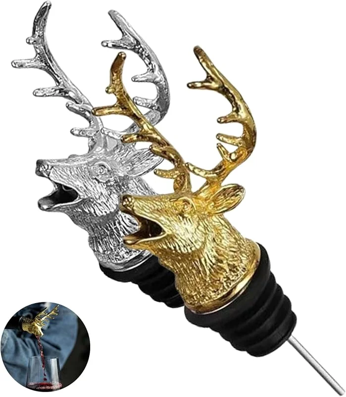 Hachera Juego de 2 Vertedores de Alcohol, Vertedor Botellas de Vino Ciervo Metal, Creativo Tapones Decorativos Para Botellas de Vino, Herramientas Del Vino, Pitorro Para Botella de Aceite (Oro y Plata) — Vino y mesa festiva