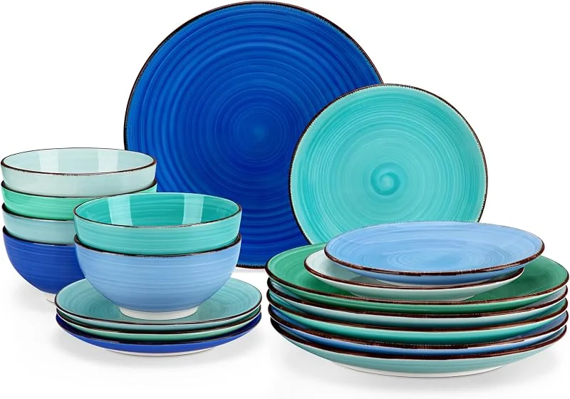 Visita la tienda de vancasso vancasso Serie BONITA Vajillas Completas 6 Personas, 18 Piezas, Pintados a Mano, Vajilla Moderna de Gres - Platos Llano, Platos de Postre y Cuencos de Cereales, Apto para Microondas, Color Azul — Adviento y mesa