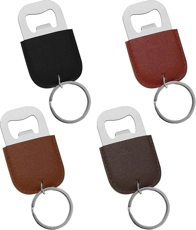 SZYILIDA 4 Pzs Abridor de Botellas Llavero, Abrebotellas de Cerveza, Abridor de Botellas de Cerveza de Acero Inoxidable, Abrebotellas Llavero con Cuero para Cocina Restaurante, Regalos para Hombres Mujeres — Vino y mesa festiva