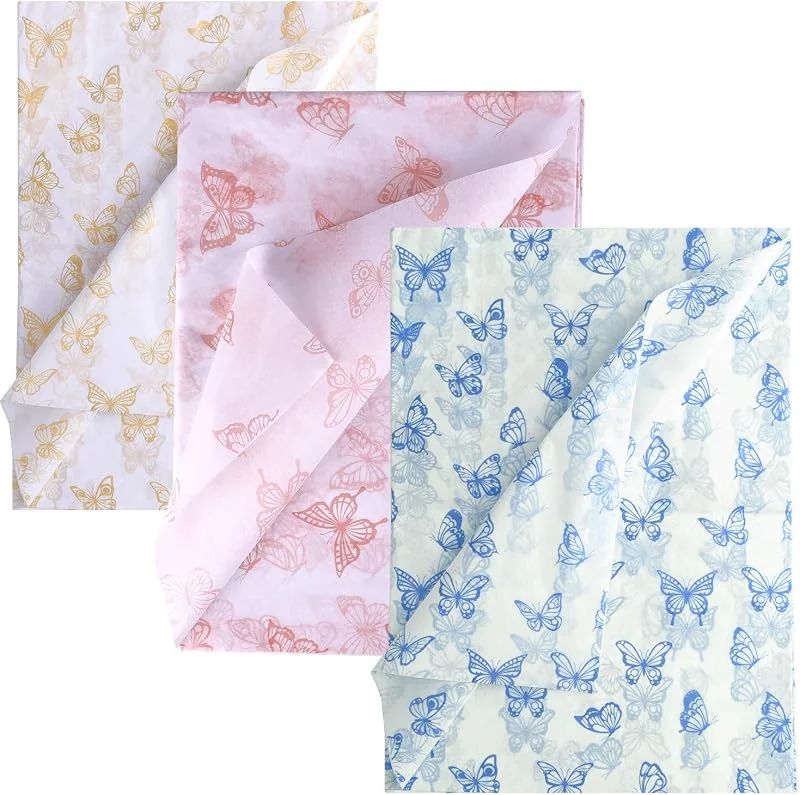 LUTER 45 Uds. Hojas de Papel de Seda de Mariposa, 35x50cm Oro & Oro Rosa & Azul Papel de Seda para Envolver Embalaje para Navidad Boda Fiesta de Cumpleaños Baby Showers Bricolaje Artes (Fondo Blanco) — Envoltorio regalo