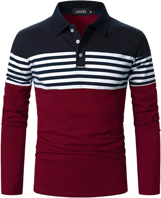 Visita la tienda de LUVCES Polo Manga Larga Hombre Camiseta de Golf Informal de Manga Larga a Rayas y Corte Ajustado de algodón con Colores en Contraste — Ropa Navidad