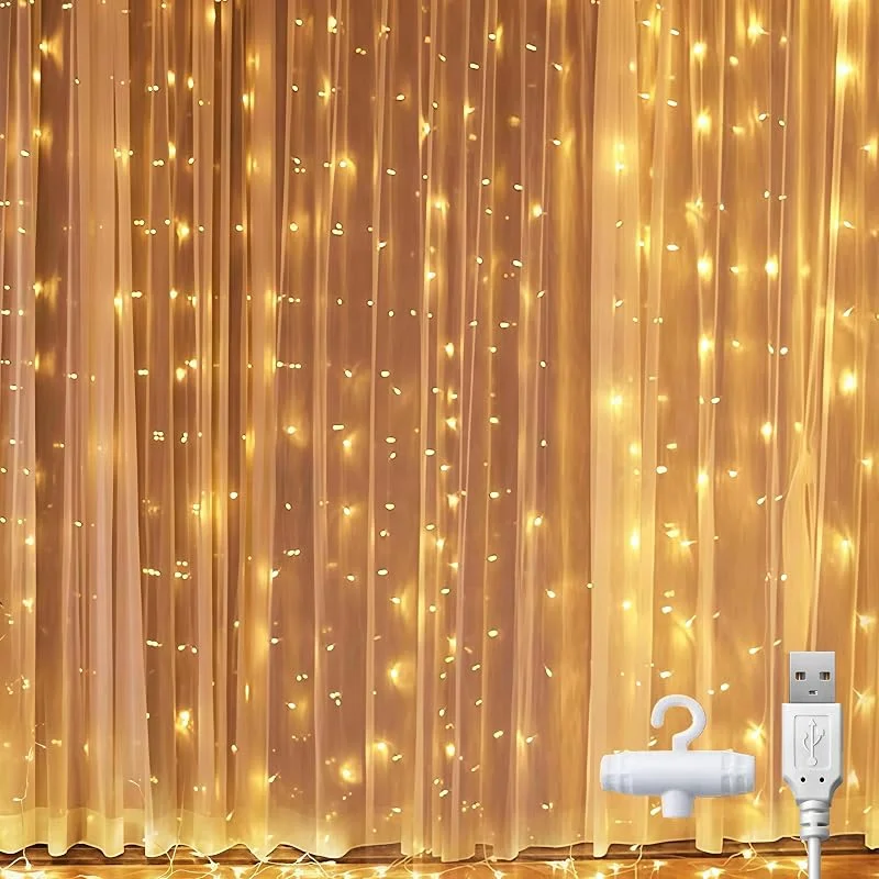 Kimuwote Cortina de Luces, 2x2m 200 LEDs Luz de Cortina, Alimentadas por USB para Interior Exterior Decoración, Impermeable Guirnaldas Luminosas Navidad para Casa Ventana Boda Fiesta Decoración Navideña — Luces Navidad