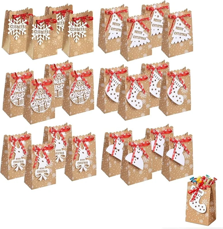 Zerabidpro Set de 24 Bolsas de Regalo Navideñas de Papel Kraft (12x7x18.5 cm) - Bolsas Decorativas con 6 Diseños, Cintas Rojas y Etiquetas para Dulces, Galletas, Chocolates y Detalles de Navidad para Fiestas — Envoltorio regalo