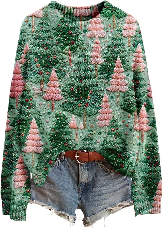 tacniseyw Suéteres de Navidad para mujer, cuello redondo, suéter de punto cálido de — Ropa Navidad