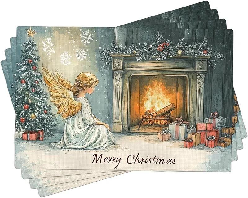 Generic Juego de 4 manteles individuales de ángel de Navidad, decoración de mesa de invierno con diseño de árbol de Navidad, lavables, para interiores y exteriores, 18 x 12 pulgadas — Hogar y cocina