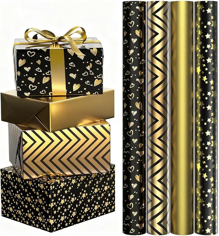 FeinKulturia Papel de regalo negro y dorado, 43 x 300 cm, 4 rollos de papel de regalo de — Envoltorio regalo