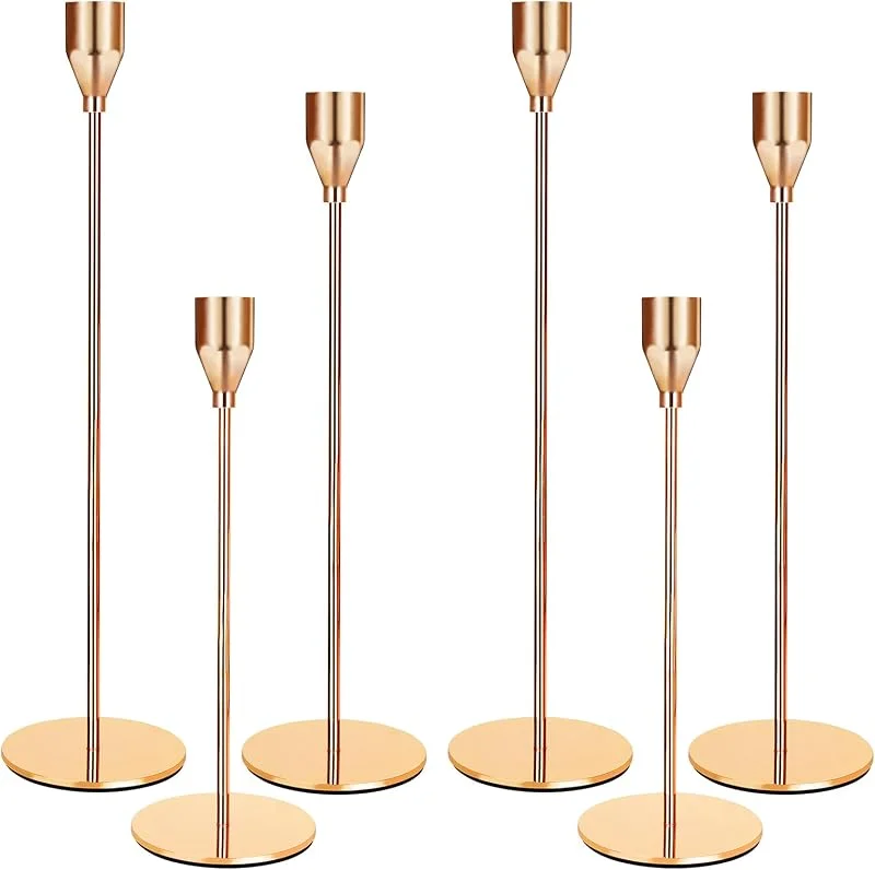 LCXCXY Juego de 6 Candelabros para Velas, 6 Portavelas Dorados, 3 Candelabro cónicos de Diferentes Alturas. Los Porta Velas Son adecuados para Boda con Candelabros, Fiesta de Cumpleaños, Velas Decorativas — Cena a la luz de velas
