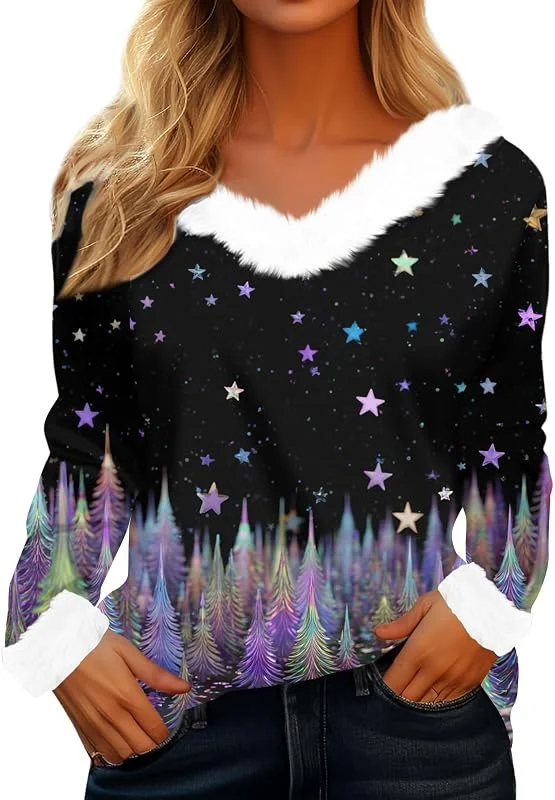 TOFOTL Camisetas de Navidad Vistoso Cuello de Pelo Ropa Acogedor Llamativo — Ropa Navidad