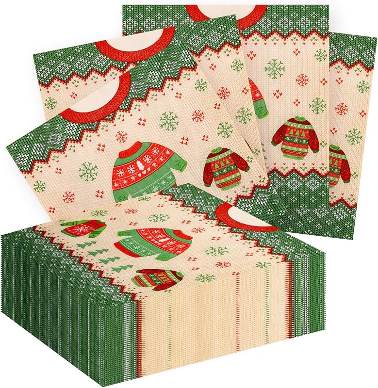 Feirdhoo 40 servilletas de papel de Navidad, servilletas de Navidad desechables, 33 x 33 cm, suéter feo, copo de nieve, árbol de Navidad, verde para Navidad, decoración de mesa, fiesta — Adviento y mesa