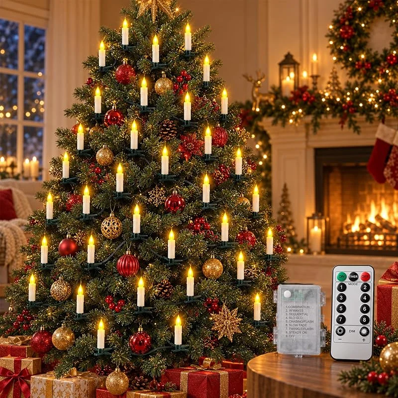 Yaolisin Velas para árbol de Navidad, 30 Pack Velas LED Cónicas Sin llama con Pinzas — Luces Navidad