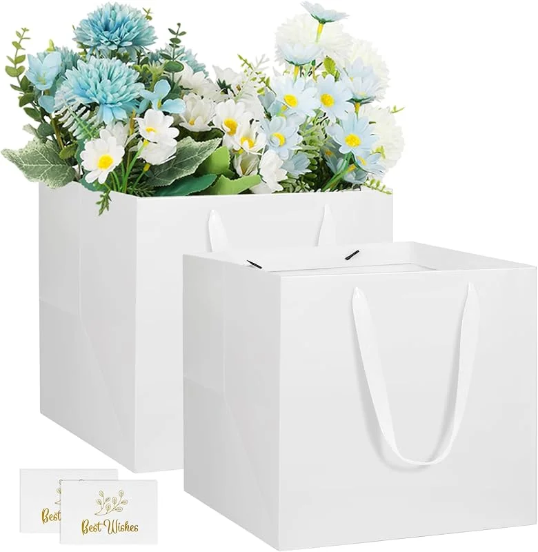 NAHRMY 2 Bolsa de Papel Regalo con Asa Blanco 20 x 20 x 20 cm, Bolsas de Regalo Cuadrada Grandes Mercancía Compras Navidad Cumpleaños Fiesta Boda Ramo Tarta — Envoltorio regalo