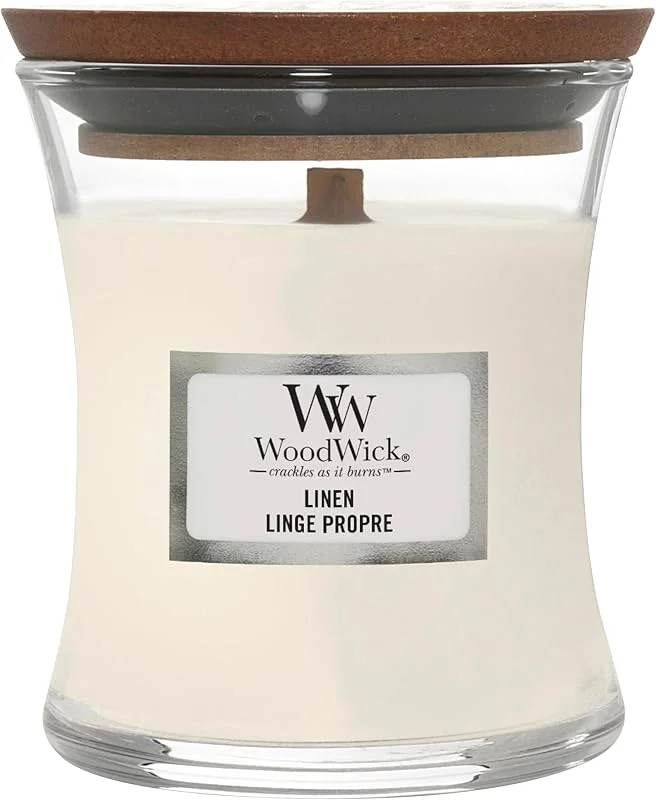 Visita la tienda de Woodwick WoodWick Vela perfumada con mecha crepitante, Vela Mini Hourglass de lino, Hasta 20 horas de tiempo de combustión, Regalos perfectos para mujeres — Cena a la luz de velas