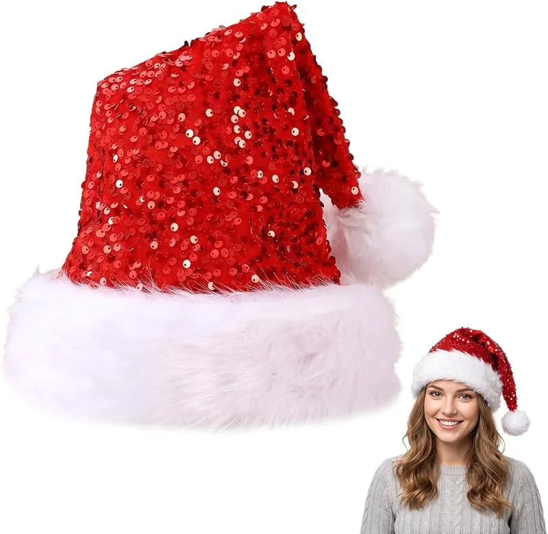 FLOPUL Gorro de Navidad con Lentejuelas Rojas, Gorro de Papá Noel de Felpa Suave para Adultos, Accesorio Brillante para Disfraz y Fiestas Navideñas — Ropa Navidad