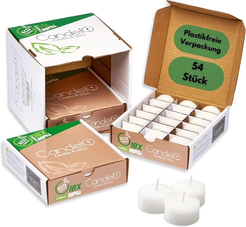 Candelo Juego de 54 velas de té de cera en blanco sin funda – recarga de cera – 6 horas de combustión, sin aroma, sin plástico, sin hollín — Cena a la luz de velas