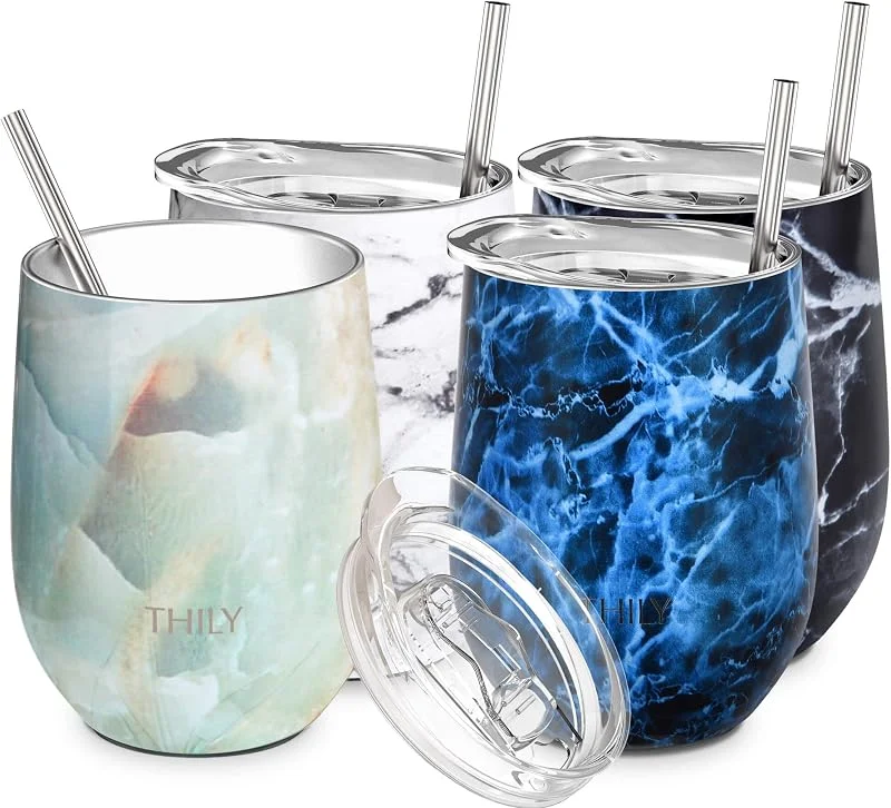 THILY, Vaso de vino sin tallo de acero inoxidable, paquete de 4 copas de vino de viaje con aislamiento al vacío con tapas deslizantes y popote, 12 onzas, cerveza, serie de mármol — Vino y mesa festiva