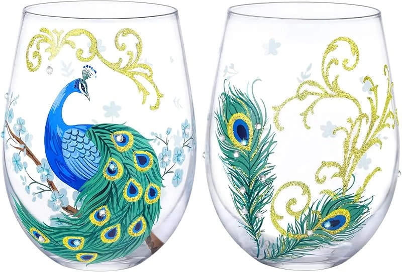 Visita la tienda de NymphFable NymphFable Juego de Copas de Vino sin Tallo de 2 Pavo Real Pintadas a Mano Regalo de Boda Aniversario Personalizadas 520ml — Vino y mesa festiva
