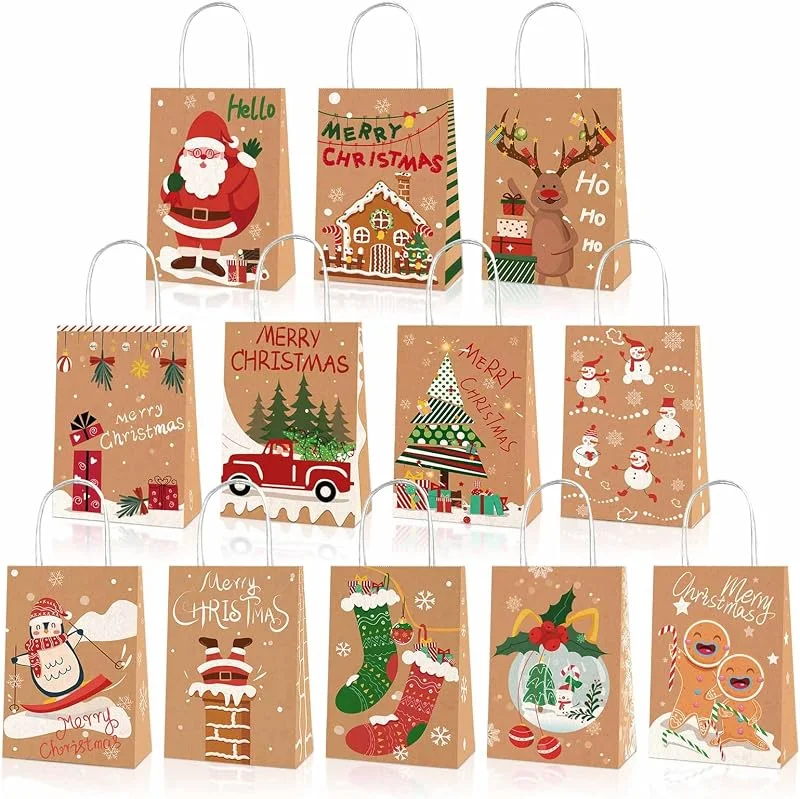 HOOPOE Bolsas de Regalo Navidad, Bolsas Kraft Navidad Bolsas Regalo Navidad, 12 Piezas Bolsas de Navidad, Bolsas papel Navidad, Navidad Bolsas De Papel Con Asas Bolsa Regalo Navidad — Envoltorio regalo