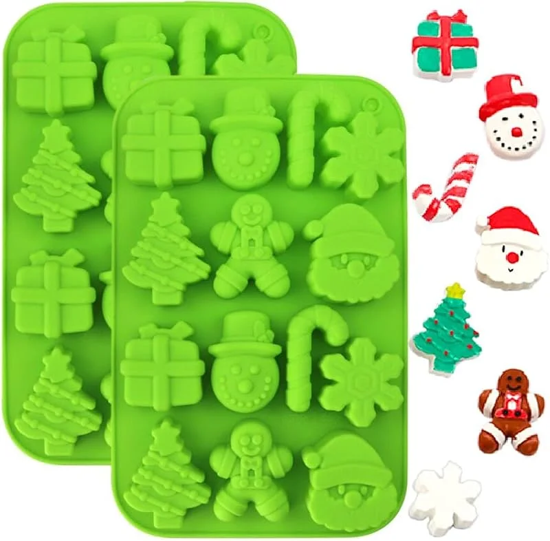 CHarmeFleur Molde de silicona 2 piezas, Molde de árbol de Navidad, Muñeco de nieve, Santa, Nieve, Molde para pasteles, jabón, dulces, chocolate, muffin, gelatina, moldes — Hogar y cocina