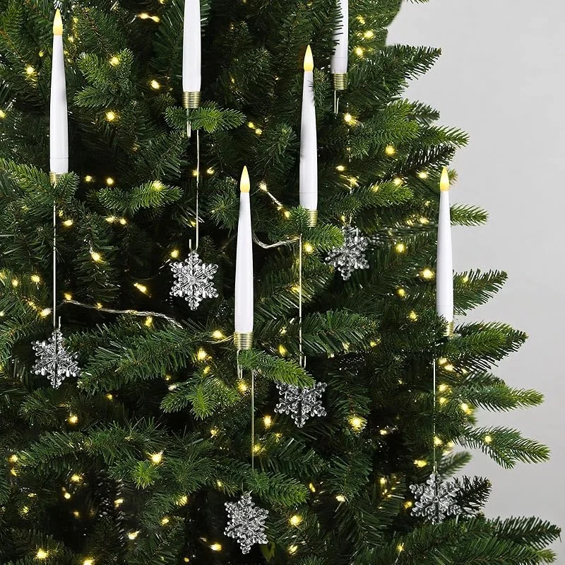 Dixmas Velas de árbol de Navidad con mando a distancia, velas LED de barra con temporizador, 12 velas de árbol con copos de nieve y ganchos, velas LED inalámbricas con pilas para árbol de Navidad — Luces Navidad