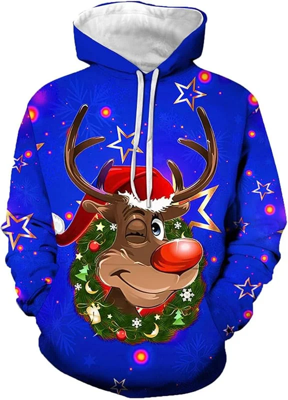 Generisch Jersey de Navidad para hombre de corte suelto, cómodo, festivo, diseño de reno, parte superior cálida — Ropa Navidad