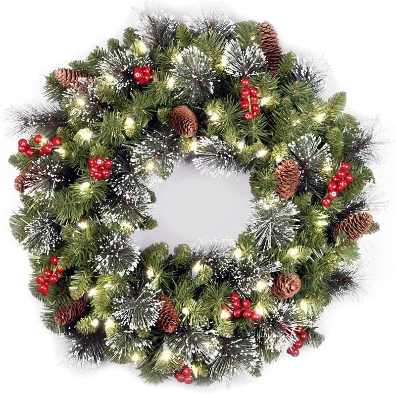 KOIUEYW Corona de Navidad para puerta, 60 cm, artificial para puerta, corona de Adviento artificial con luces, decoración para puerta de casa, decoración navideña con frutas rojas, cono de pino, aguja — Decoracion Navidad