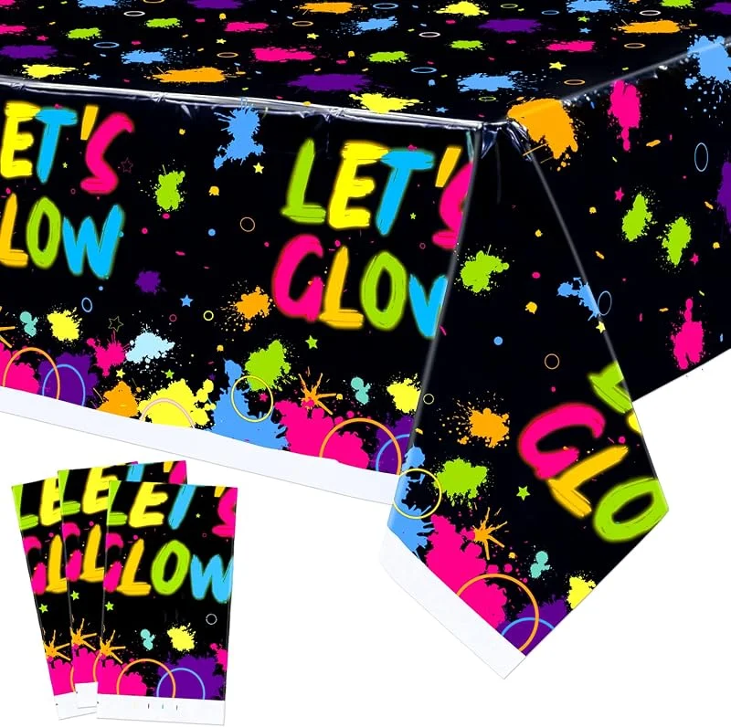 XJLANTTE Paquete de 3 manteles de Fiesta de neón Brillante – Mantel de plástico Let's Glow para Mesa de cumpleaños, Mantel Rectangular de neón para Decoraciones de Fiesta de luz Negra, 129, 5 x 220 cm — Hogar y cocina