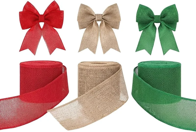 AUFIKR 3 rollos de cinta de Navidad con alambre de 6, 4 cm de ancho para hacer coronas, decoraciones festivas y envolver regalos (rojo, verde, marrón) — Envoltorio regalo