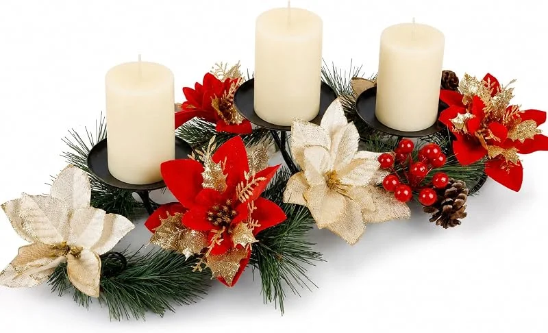 Vervevum Candelabro navideño, centros de Mesa Florales navideños con 3 Velas LED cálidas para decoración navideña — Cena a la luz de velas