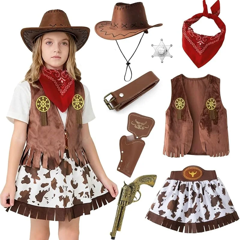 Hengrongshen Disfraz Vaquero Niño, Disfraz Cowboy Niño con Sombrero de Vaquero, Chaleco, Pañuelo y Accesorios, Disfraces Vaquera Niña, Disfarce Sheriff Niños para Carnaval, Halloween, Navidad — Ropa Navidad