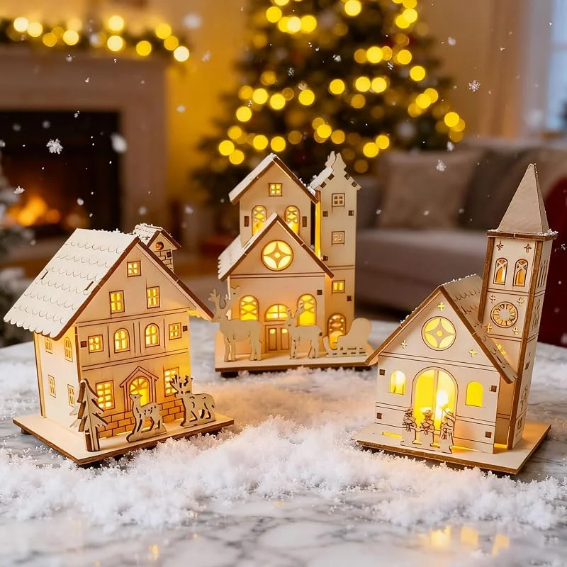 Xevinas Pueblo de Navidad con iluminación, 3 unidades de casas de Navidad de madera con iluminación, casa de Navidad iluminada, casas de pueblo navideño como decoración navideña para mesa, ventana (A) — Decoracion Navidad