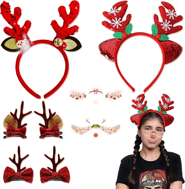 JNYUTEEN 4 Piezas Diadema Navideña De Reno, Diadema Con Cuernos Y Horquillas Con Tatuajes Faciales, Reno Para Adultos Para Disfraces De Navidad Y Carnaval — Ropa Navidad