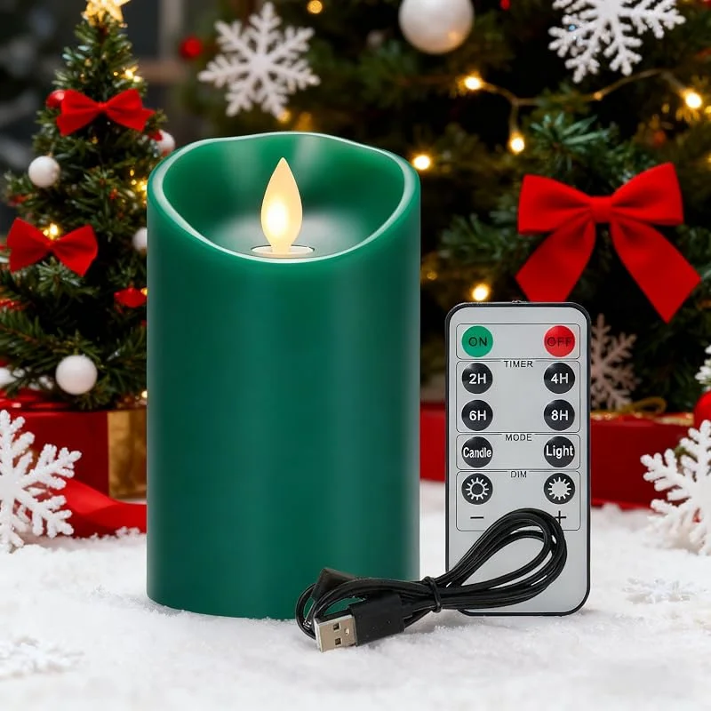 Koelaa Velas LED Recargables Parpadeantes Con Control Remoto, USB, Verde Sin Llama - Para Salón, Navidad, Boda, Fiesta, Decoración - 7.5 * 10cm — Cena a la luz de velas