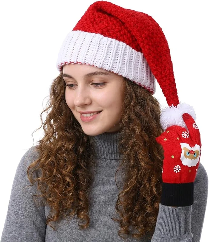 Amabro Conjunto de gorro y guantes de punto navideño, gorro de invierno con — Ropa Navidad