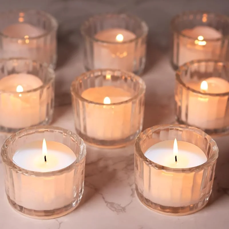 Avmvnvc 15 Piezas Portavelas, 5cm x 3, 8cm Porta Velas de Velas Pequeñas, Portavelas de Cristal Transparente para Decoración de Mesa, Candelabro Decorativos de Velas para Bodas Fiesta Centros — Cena a la luz de velas