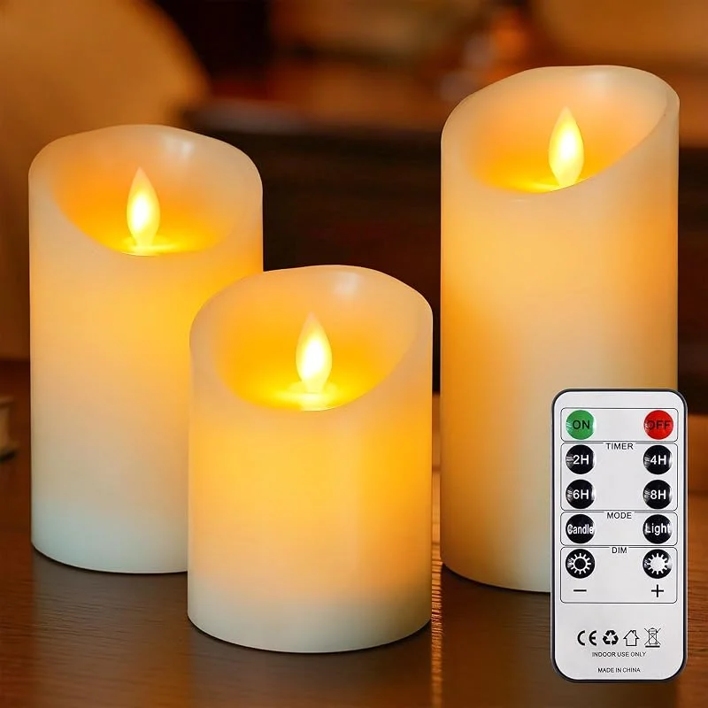 Mavandes Velas LED pilar sin llama con control remoto y temporizador, Cera real, Mechas móviles, Marfil, funcionan a batería, duraderas, paquete de 3 parpadeantes (7, 5cm x 10cm, 12, 5cm, 15cm) — Cena a la luz de velas