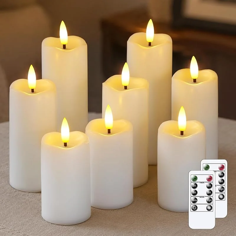 Mavandes Paquete de 8 velas LED parpadeantes sin llama con 2 mandos y temporizador, 5, 3cm x 11cm 14cm 17cm Velas de plástico blancas a pilas — Cena a la luz de velas